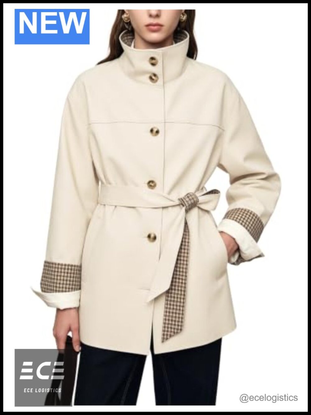 Yeokou Women's Belted Trench Coat Plaid Trim Button Front Casual Jacket